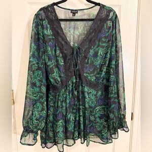 Torrid Green and Black Tie Front Long Sleeve Blouse